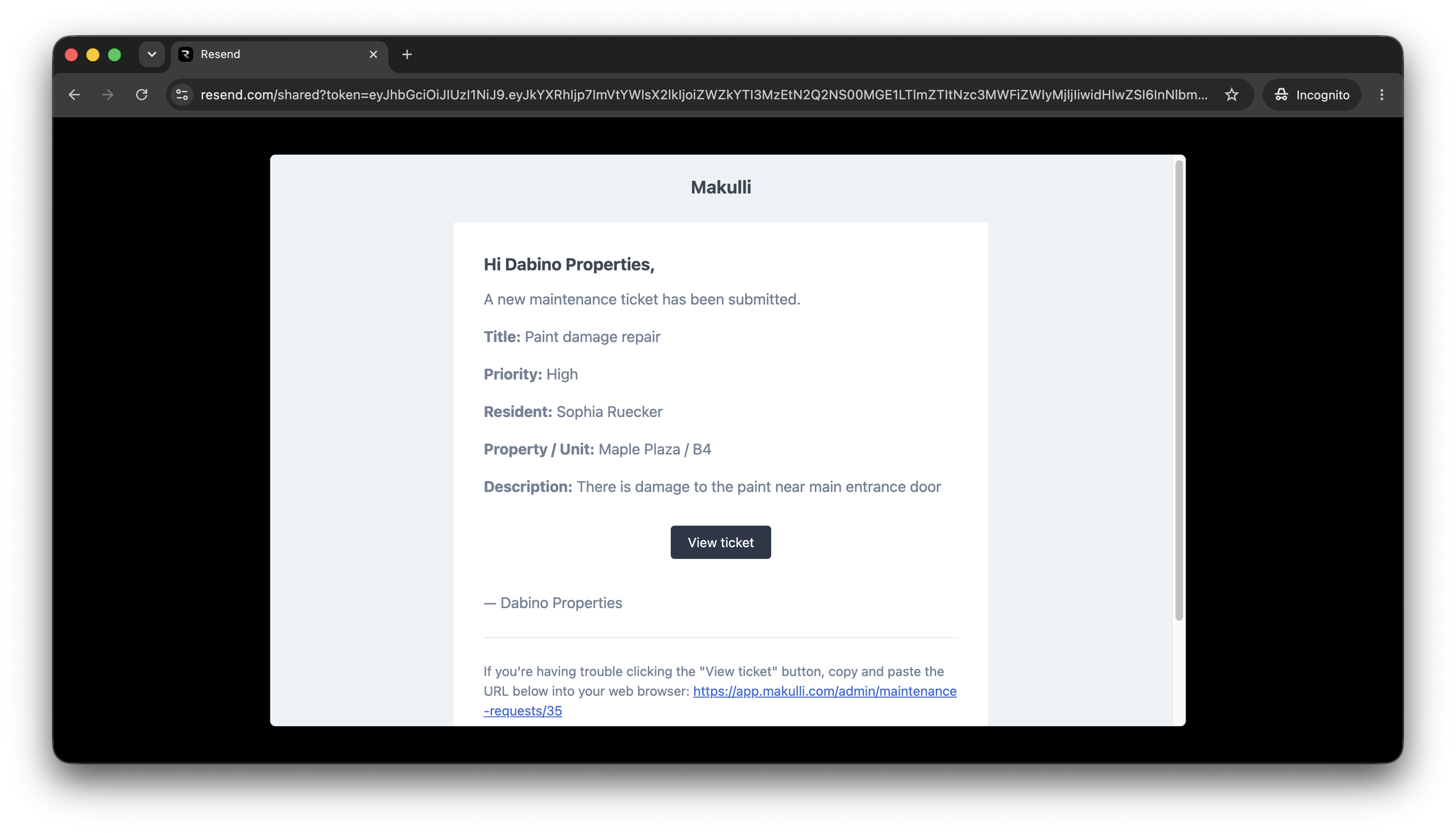Makulli transactional email — maintenance request