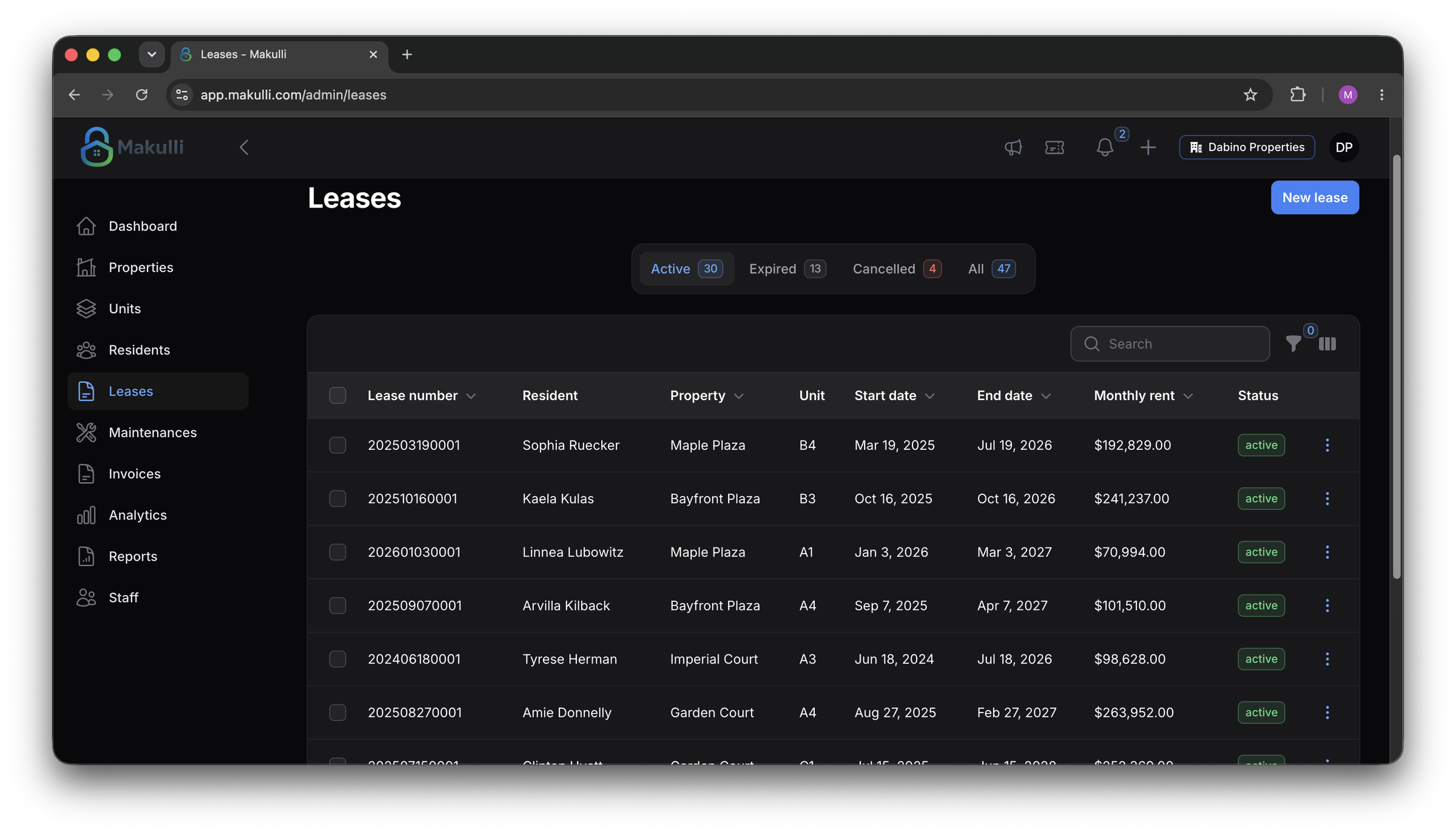 Makulli Leases list with status tabs