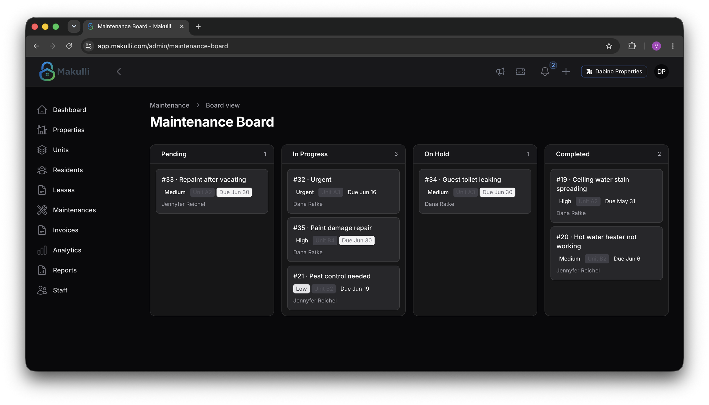 Makulli Maintenance kanban board