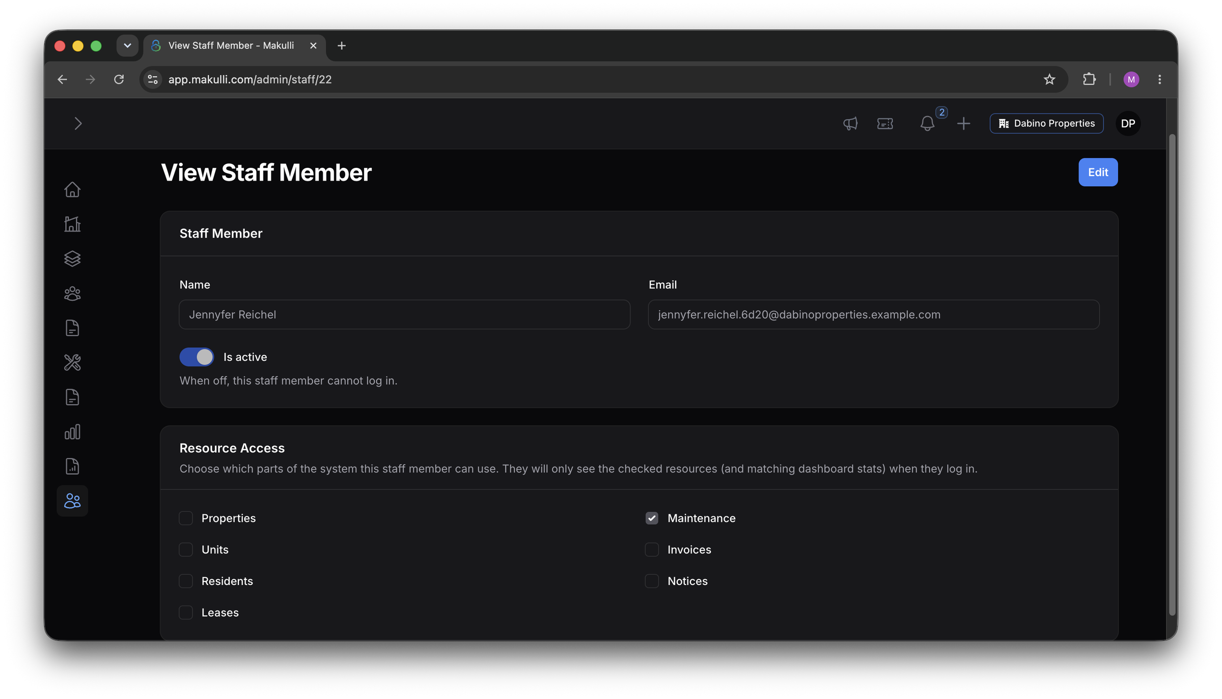 Makulli Staff member view with per-resource permissions
